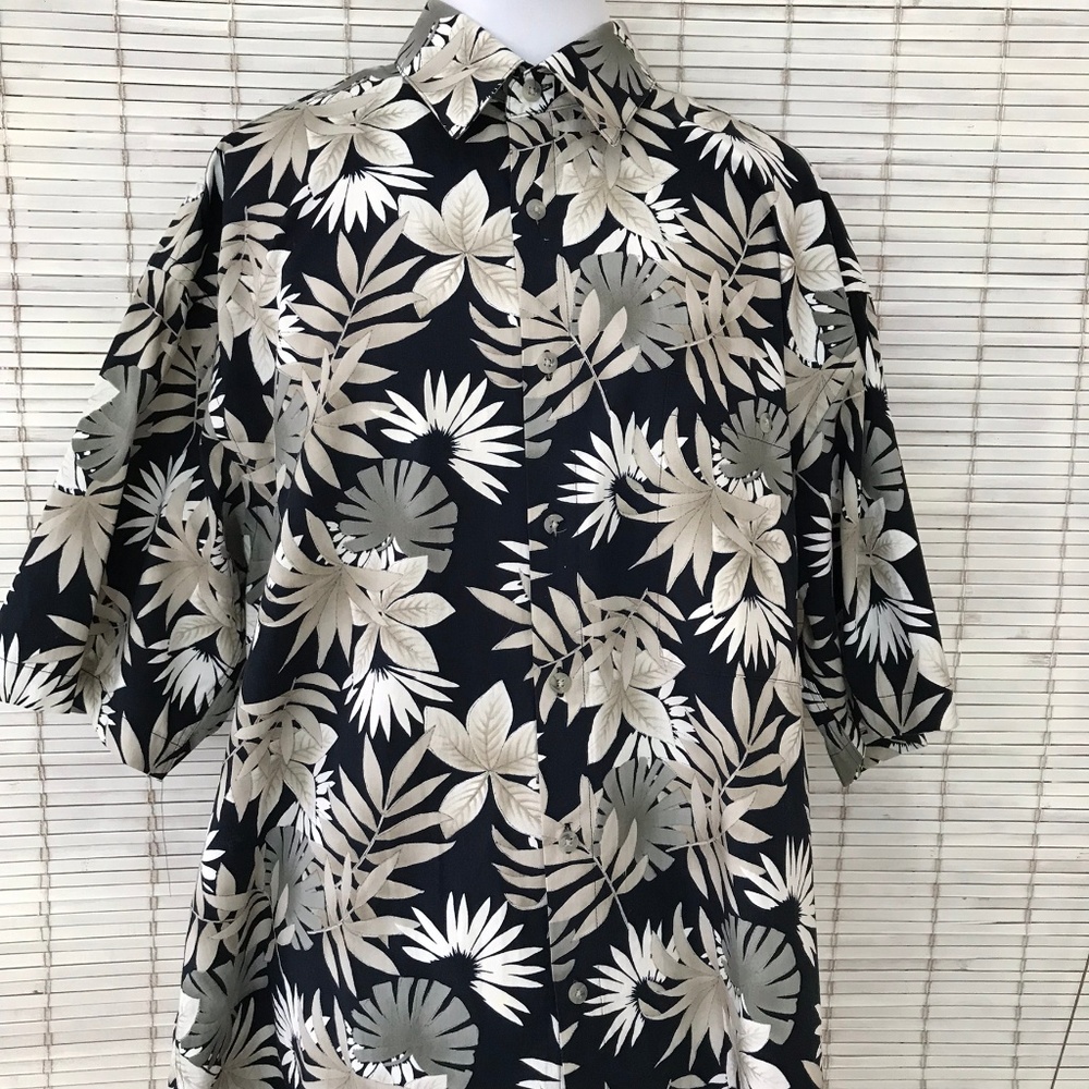 Pierre Cardin L Black Aloha Tropical Camp Shirt Palm Leaves Ocean Resort